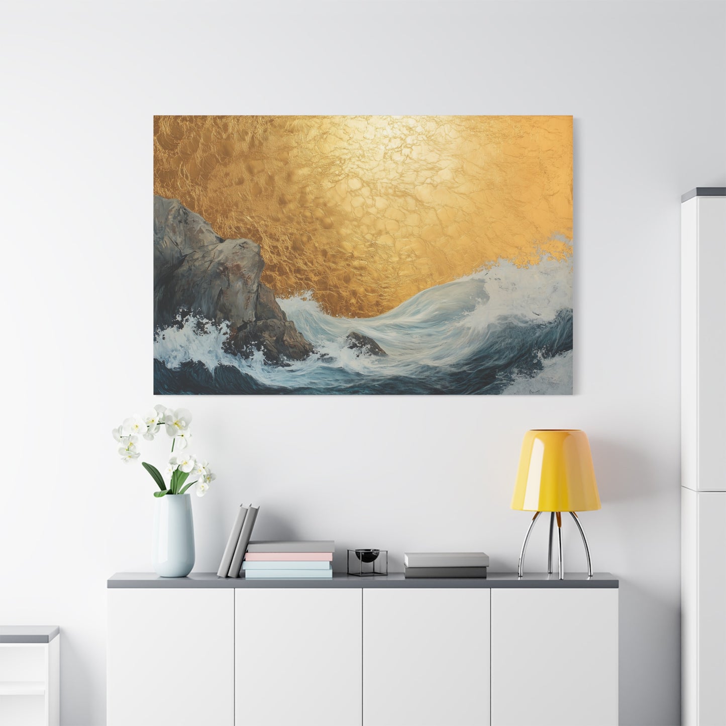 Golden Leaf Waves On the Rocks - Canvas Art