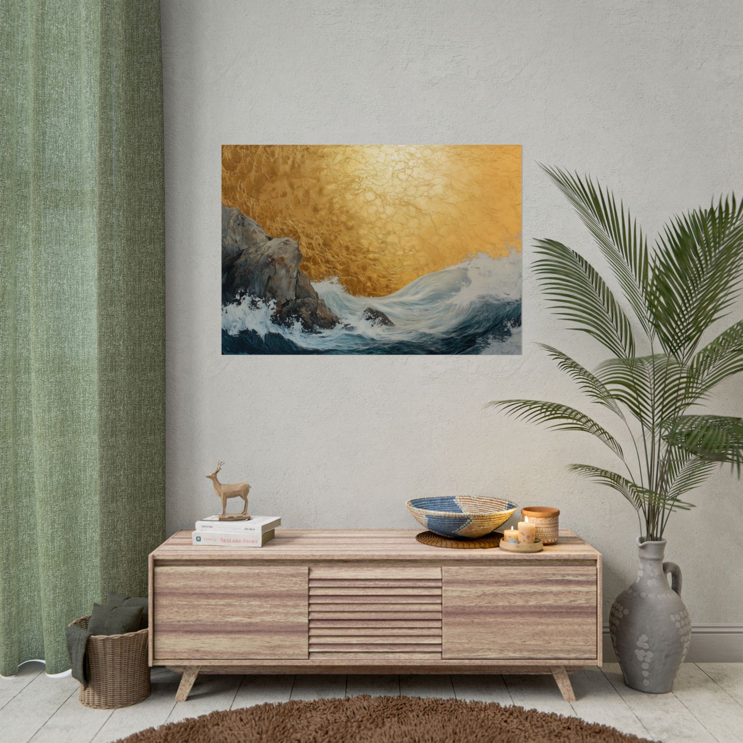 Golden Leaf Waves On The Rocks - Premium Art Print