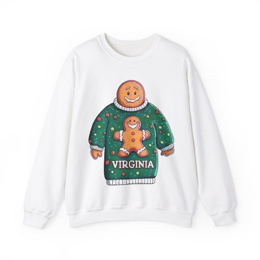 Gingerbread Man Wearing a Virginia Gingerbread Man, Funny Holiday Crewneck Sweatshirt