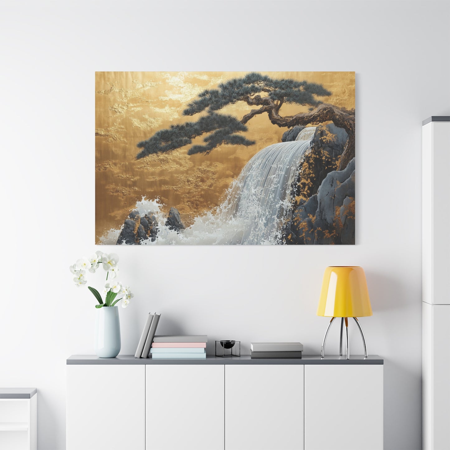 Gold Leaf Waterfall & Bonsai - Canvas