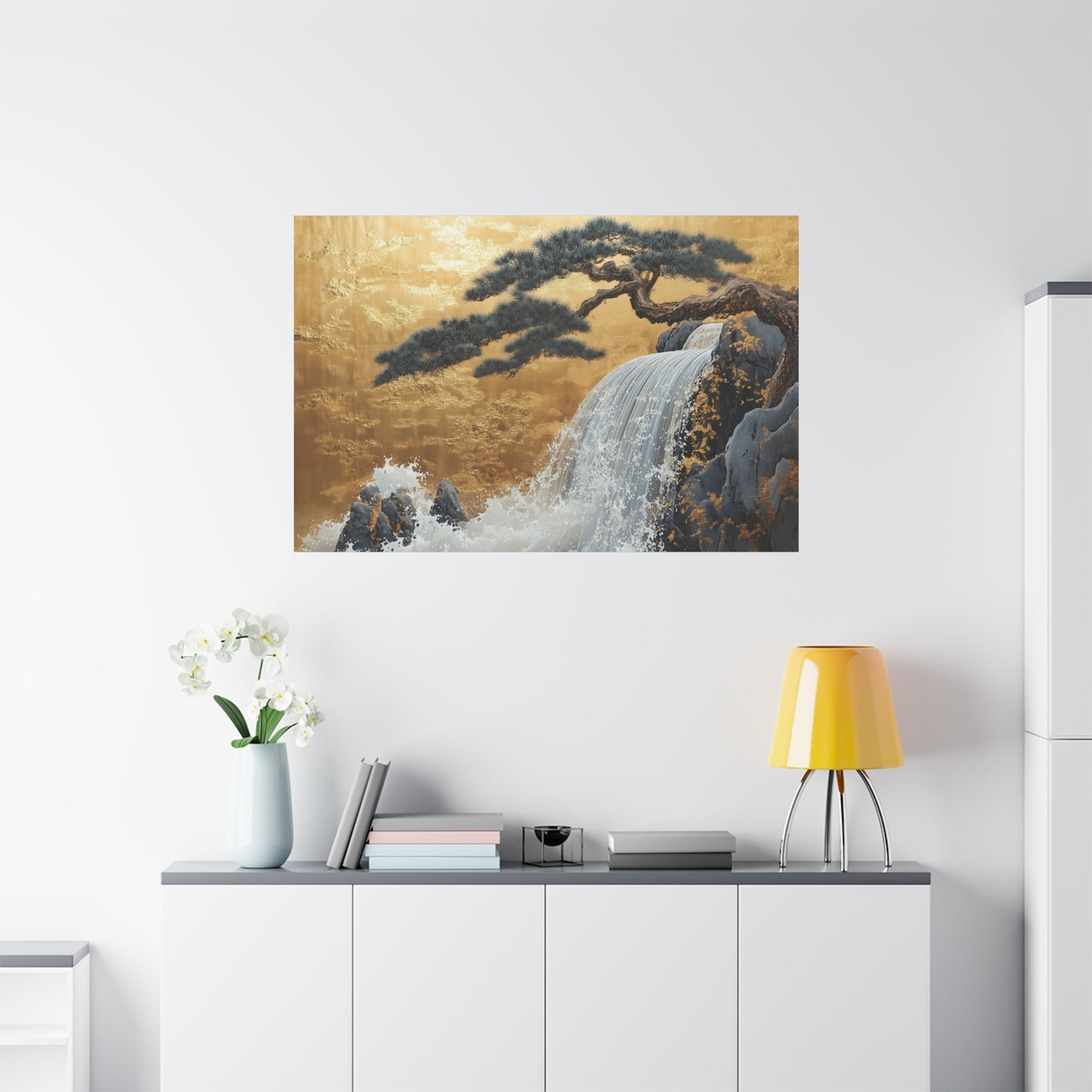 Gold Leaf Waterfall & Bonsai - Canvas