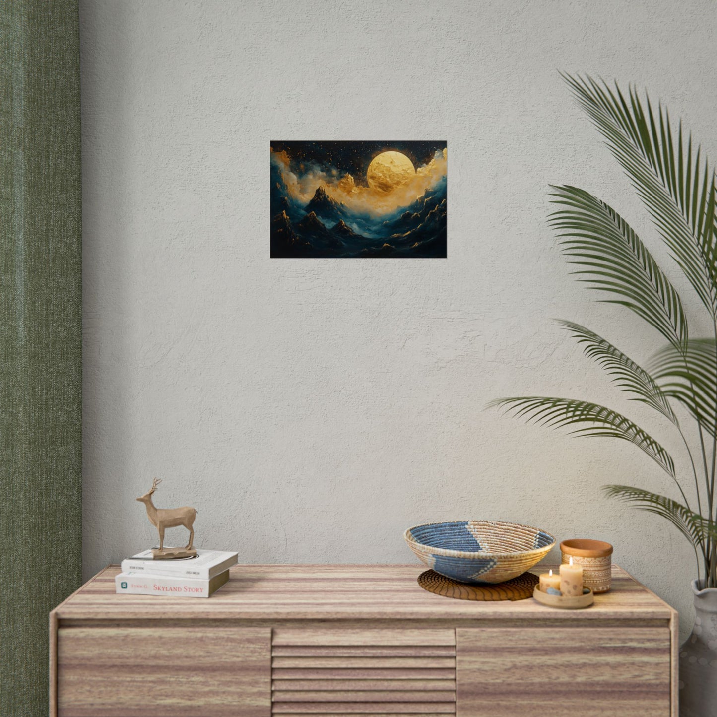 Gold Leaf Moonlit Mountain Landscape - Premium Art Print
