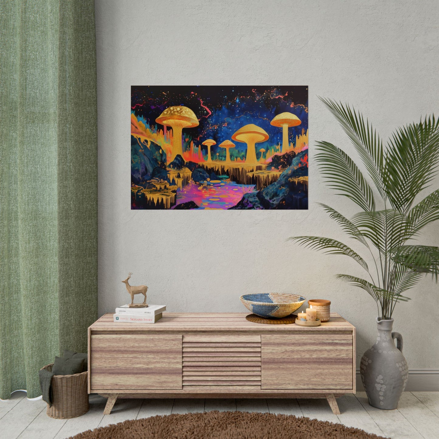 Gold Leaf Vibrant Mushroom Landscape - Premium Art Print