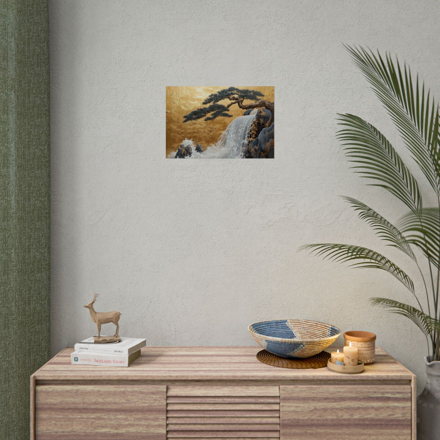 Gold Leaf Waterfall & Bonsai - Premium Art Print