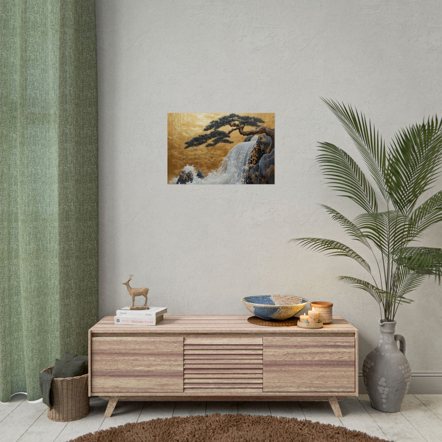 Gold Leaf Waterfall & Bonsai - Premium Art Print
