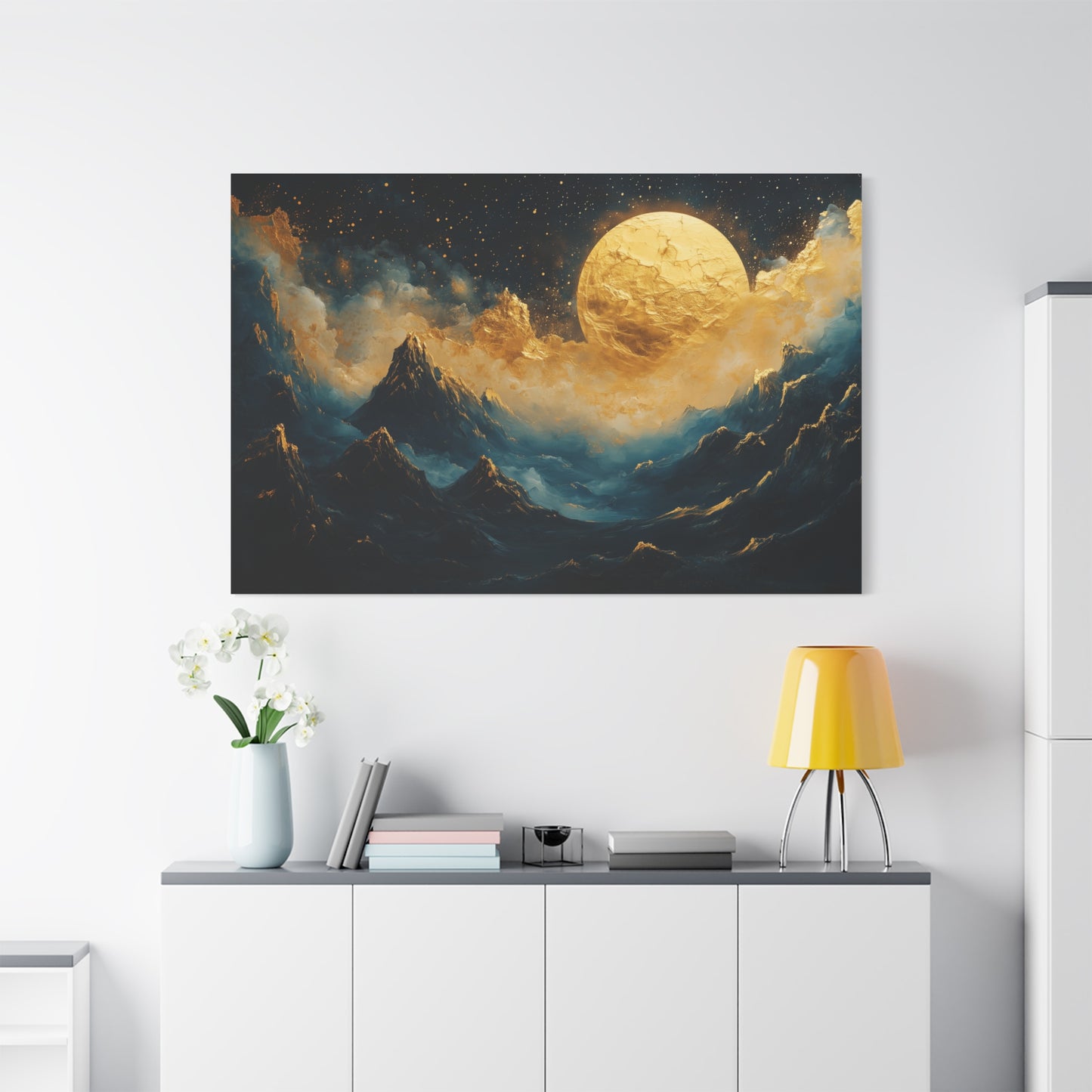 Gold Leaf Moonlit Mountain Landscape - Canvas
