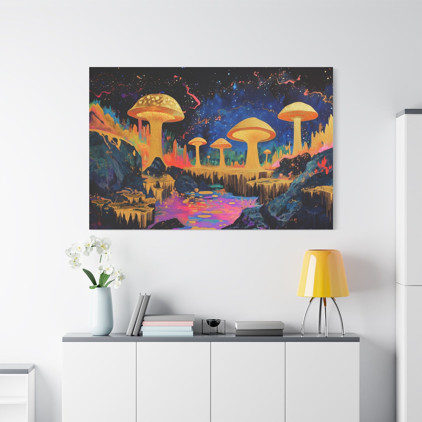 Gold Leaf Vibrant Mushroom Landscape - Canvas