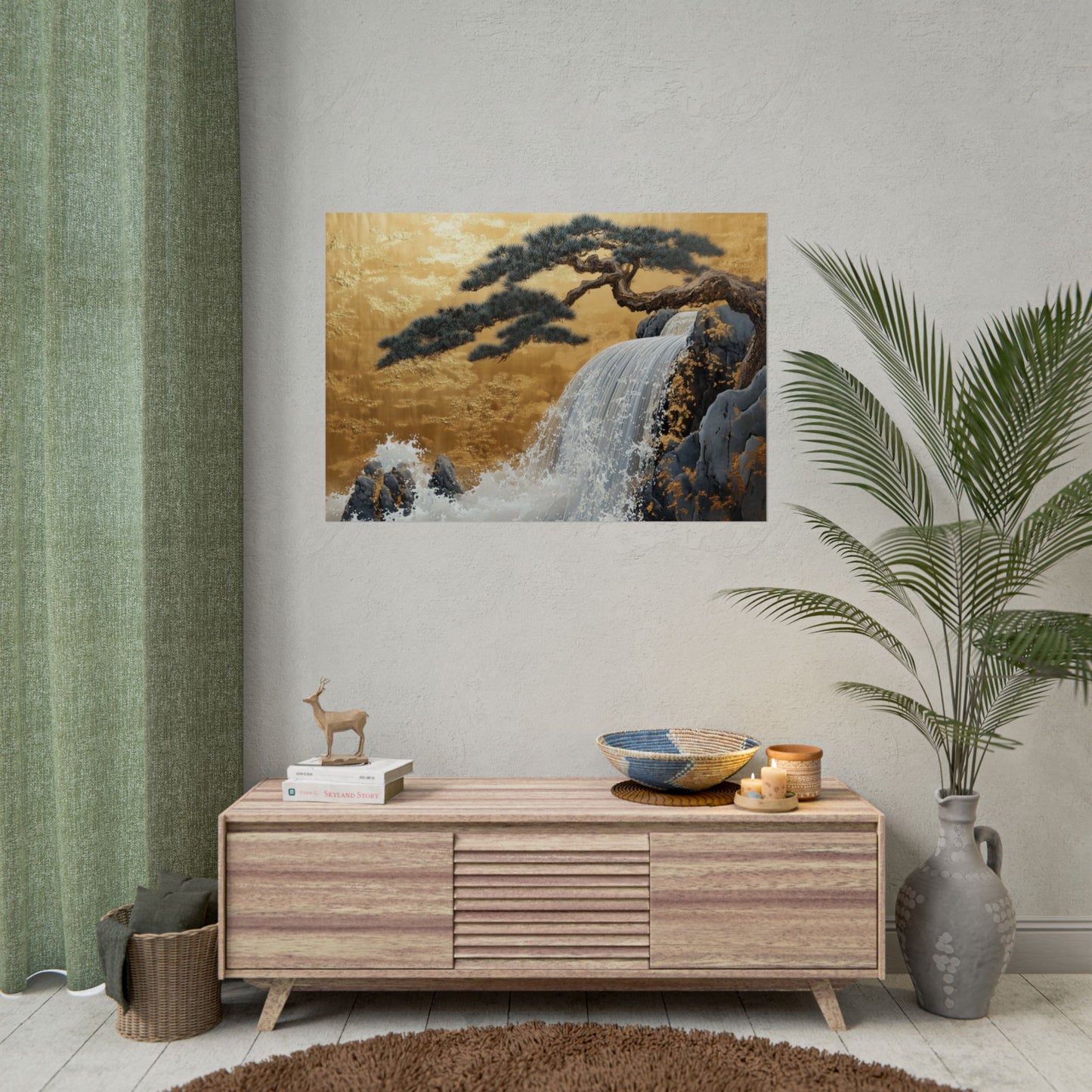 Gold Leaf Waterfall & Bonsai - Premium Art Print