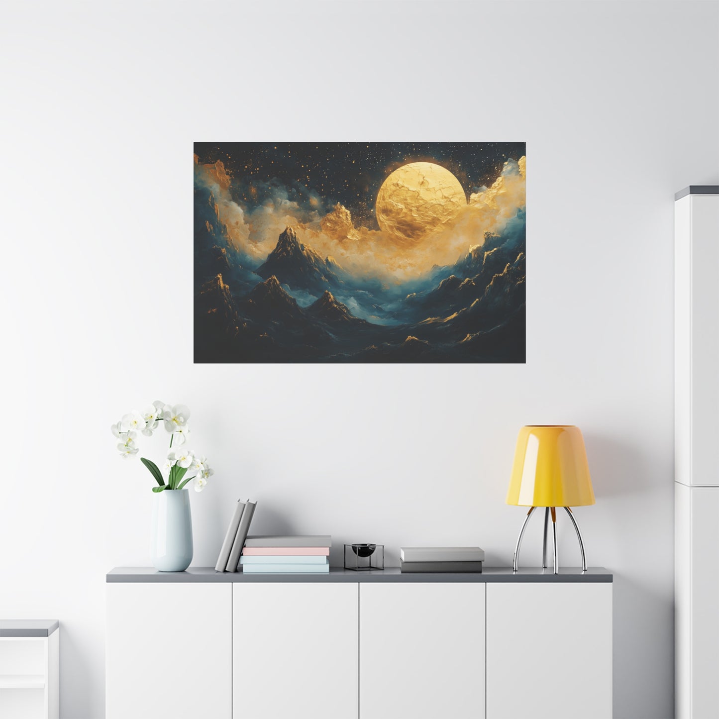 Gold Leaf Moonlit Mountain Landscape - Canvas