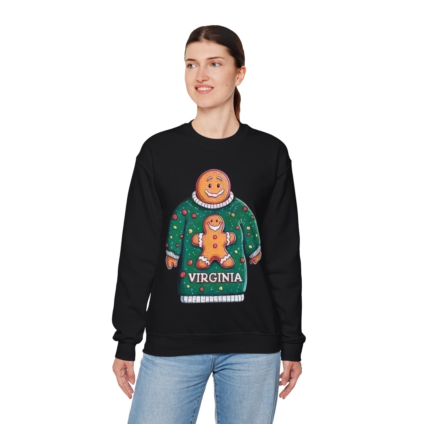 Gingerbread Man Wearing a Virginia Gingerbread Man, Funny Holiday Crewneck Sweatshirt