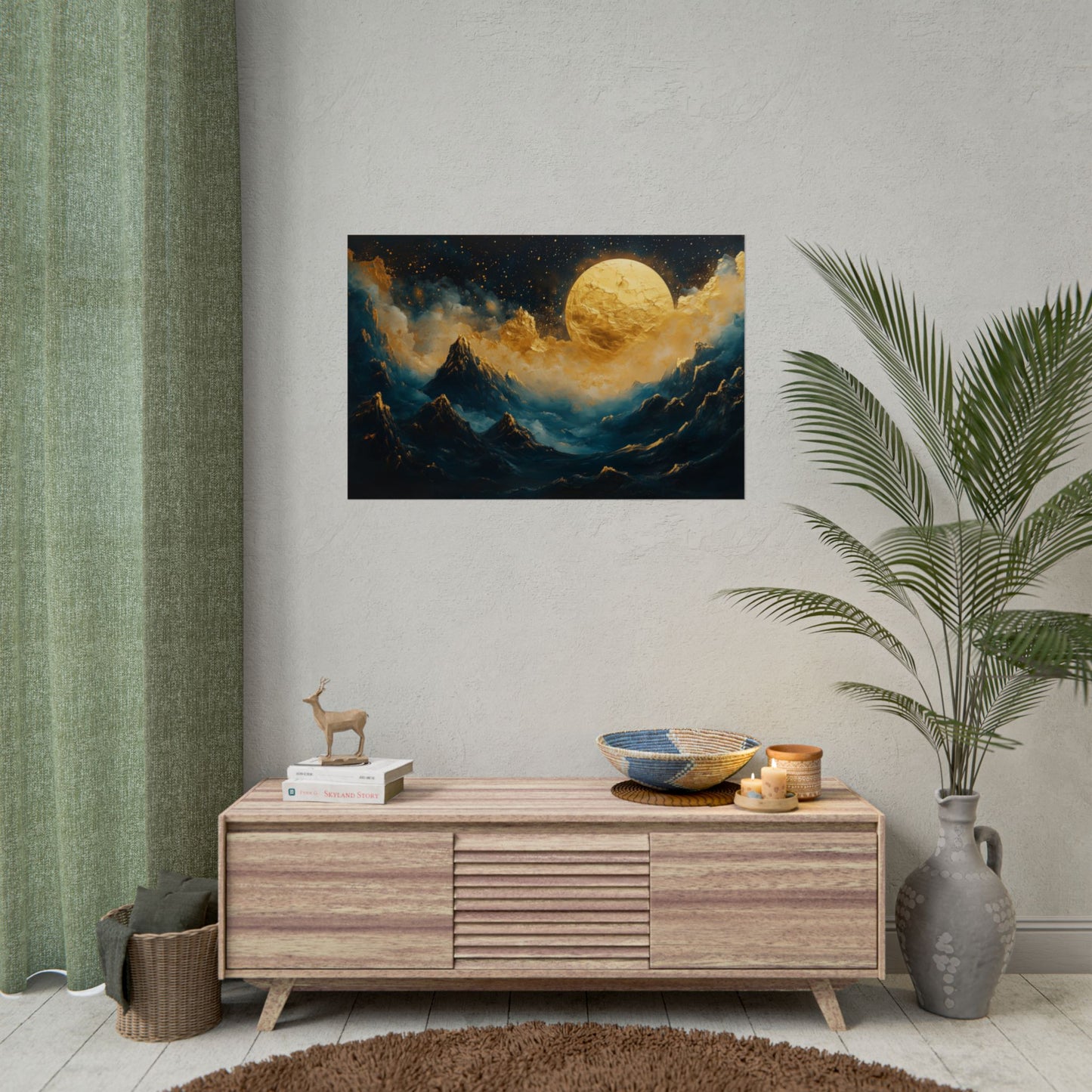 Gold Leaf Moonlit Mountain Landscape - Premium Art Print