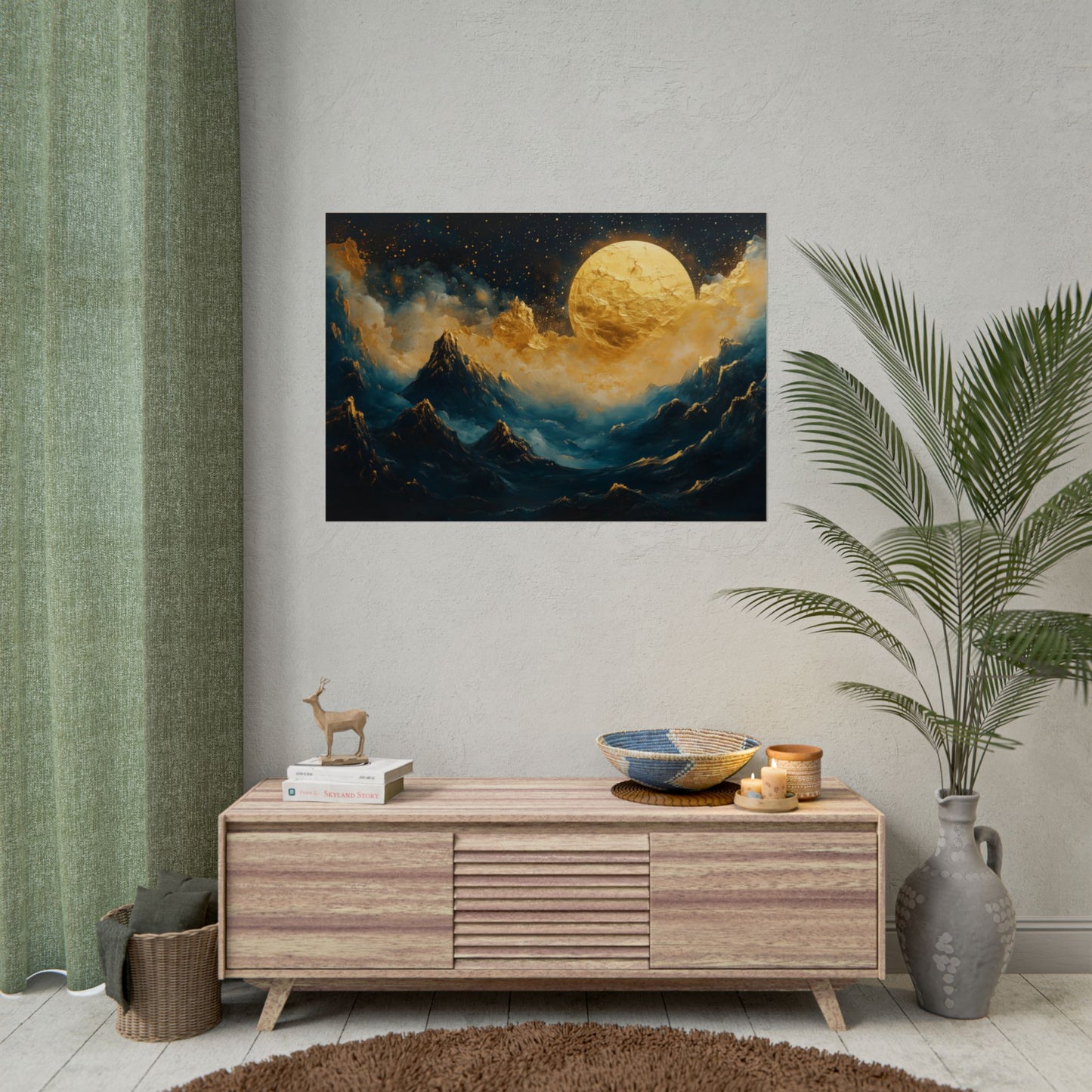 Gold Leaf Moonlit Mountain Landscape - Premium Art Print