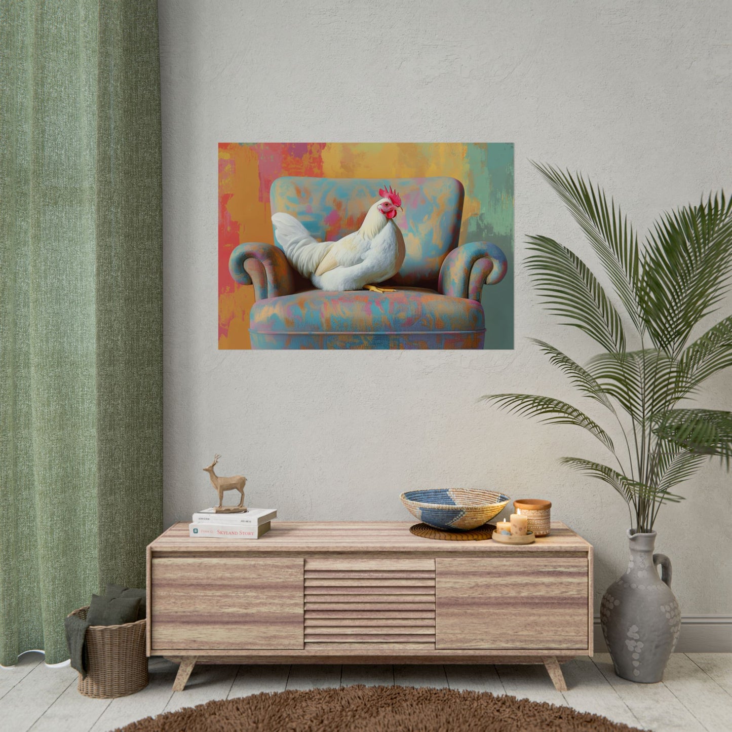 Vibrant Chicken Relaxing On An Elegant Armchair - Premium Art Print