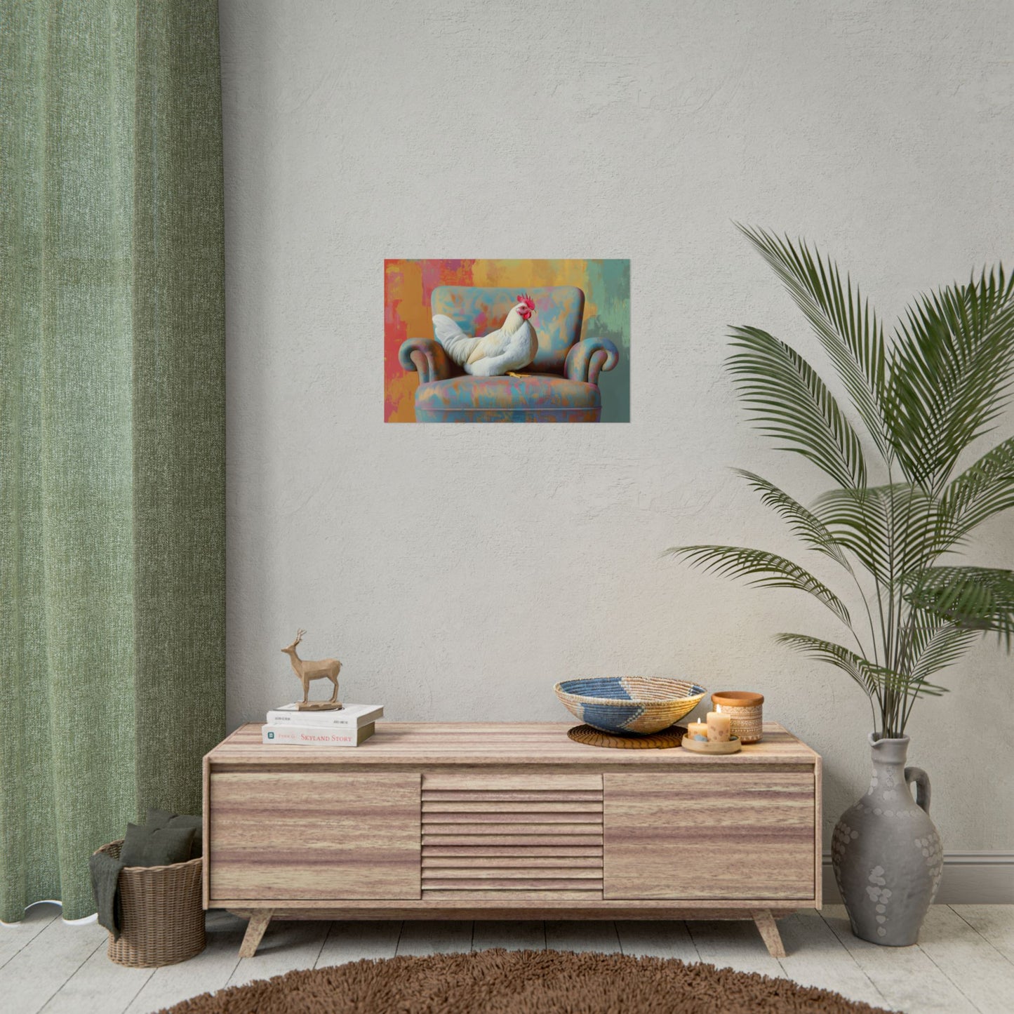 Vibrant Chicken Relaxing On An Elegant Armchair - Premium Art Print