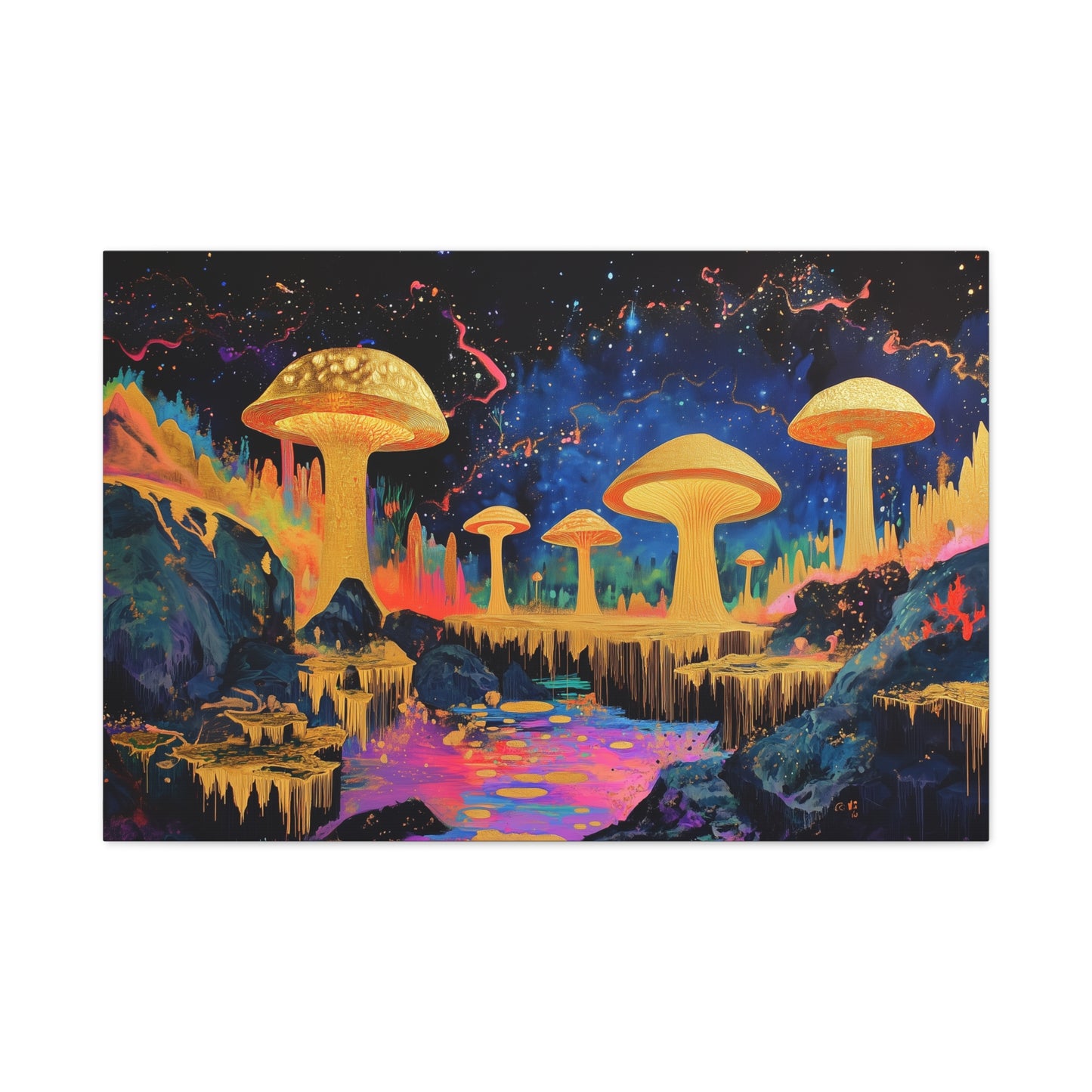 Gold Leaf Vibrant Mushroom Landscape - Canvas