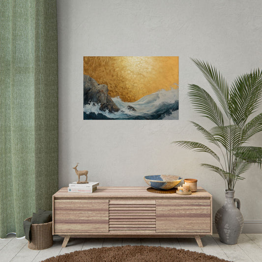 Golden Leaf Waves On The Rocks - Premium Art Print