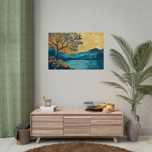 Gold Leaf Blue Gold Landscape - Premium Art Print
