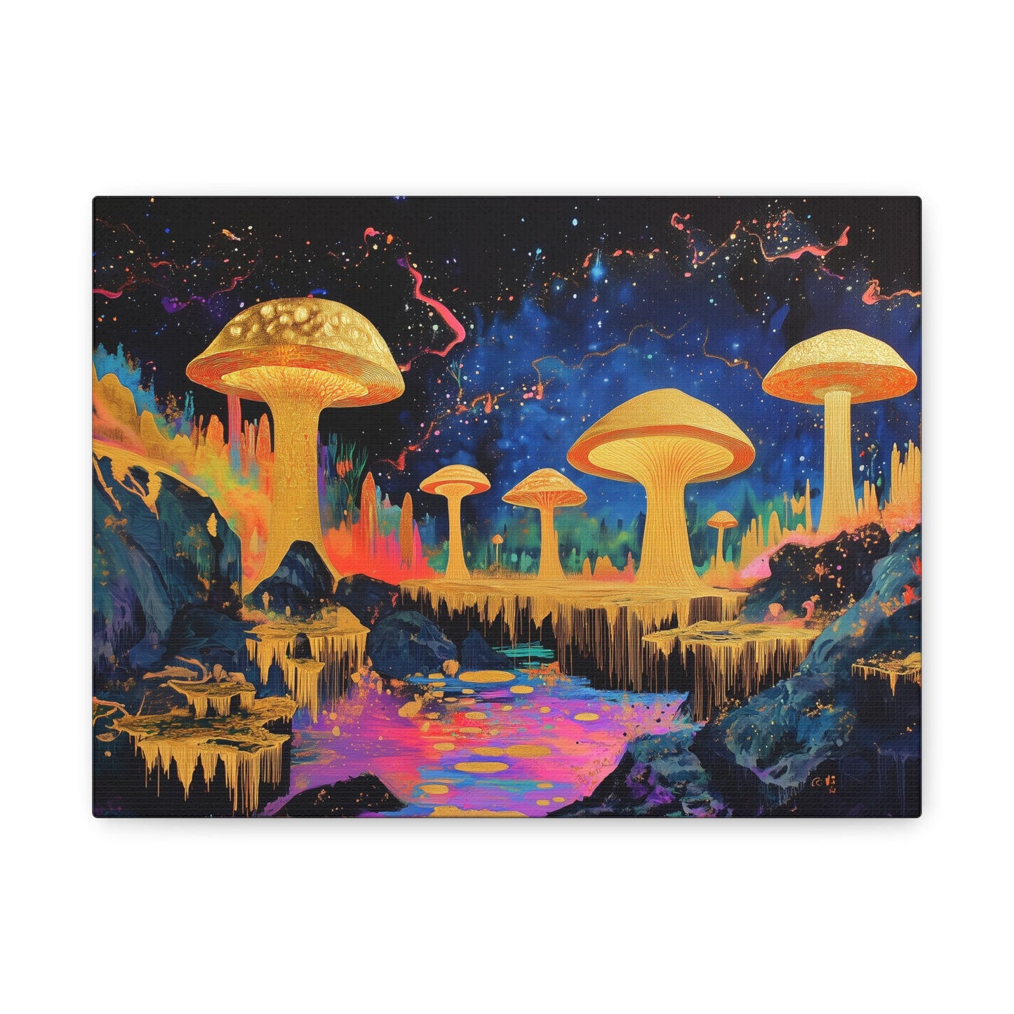 Gold Leaf Vibrant Mushroom Landscape - Canvas