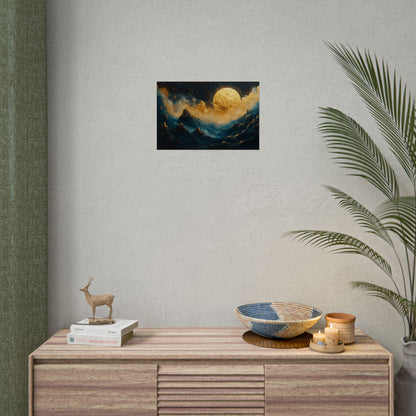 Gold Leaf Moonlit Mountain Landscape - Premium Art Print