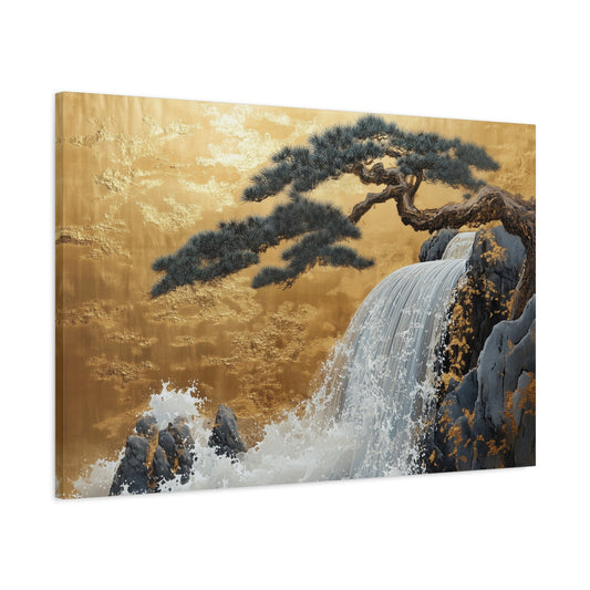 Gold Leaf Waterfall & Bonsai - Canvas