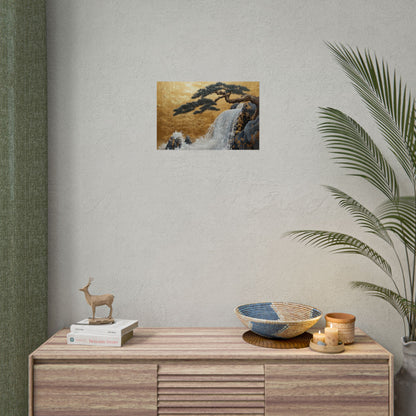 Gold Leaf Waterfall & Bonsai - Premium Art Print