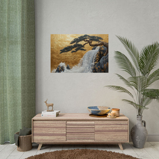 Gold Leaf Waterfall & Bonsai - Premium Art Print