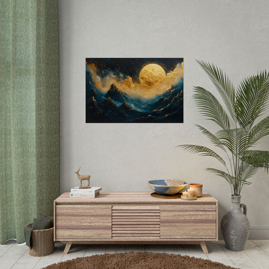 Gold Leaf Moonlit Mountain Landscape - Premium Art Print