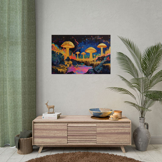 Gold Leaf Vibrant Mushroom Landscape - Premium Art Print