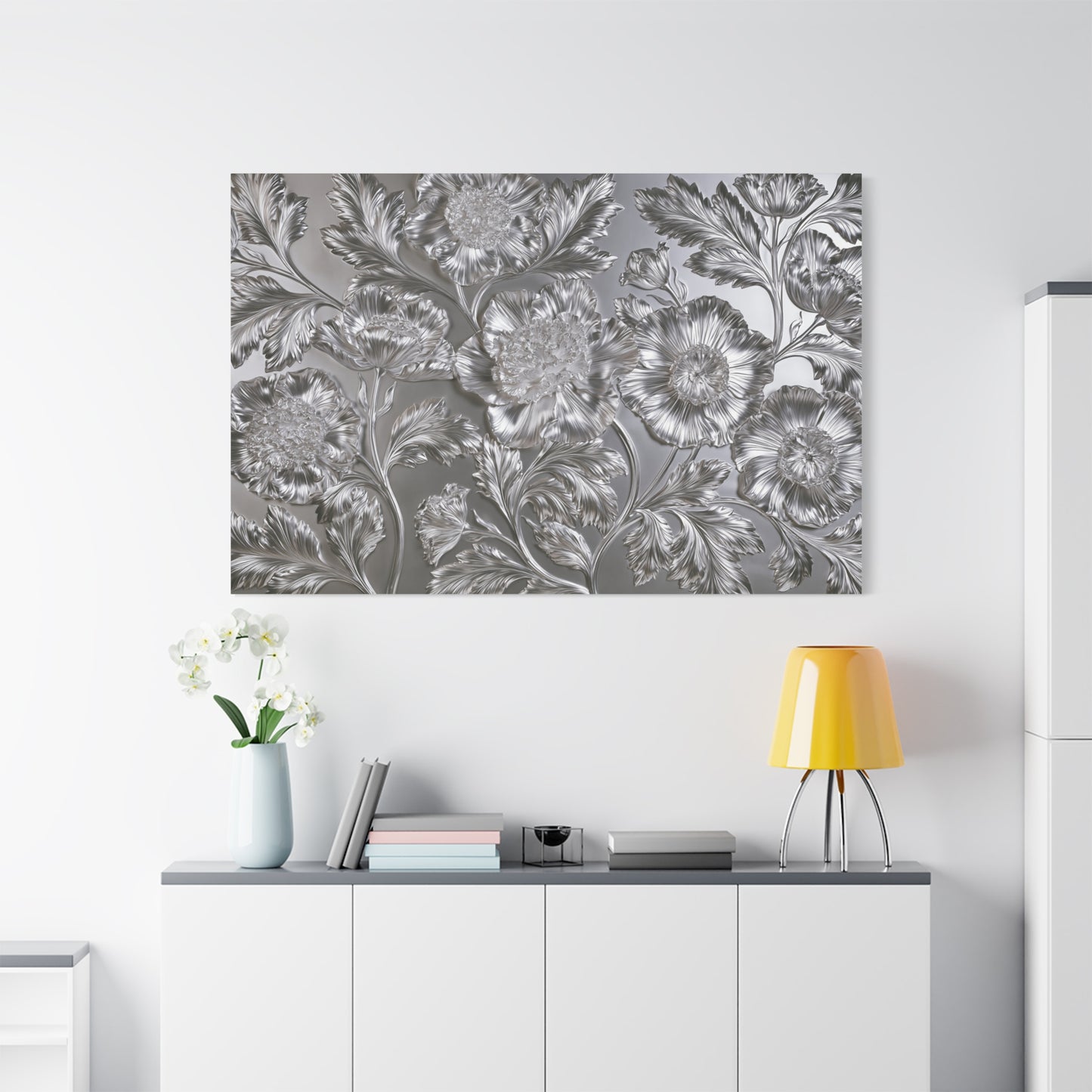 Metallic Silver Floral Art - Canvas