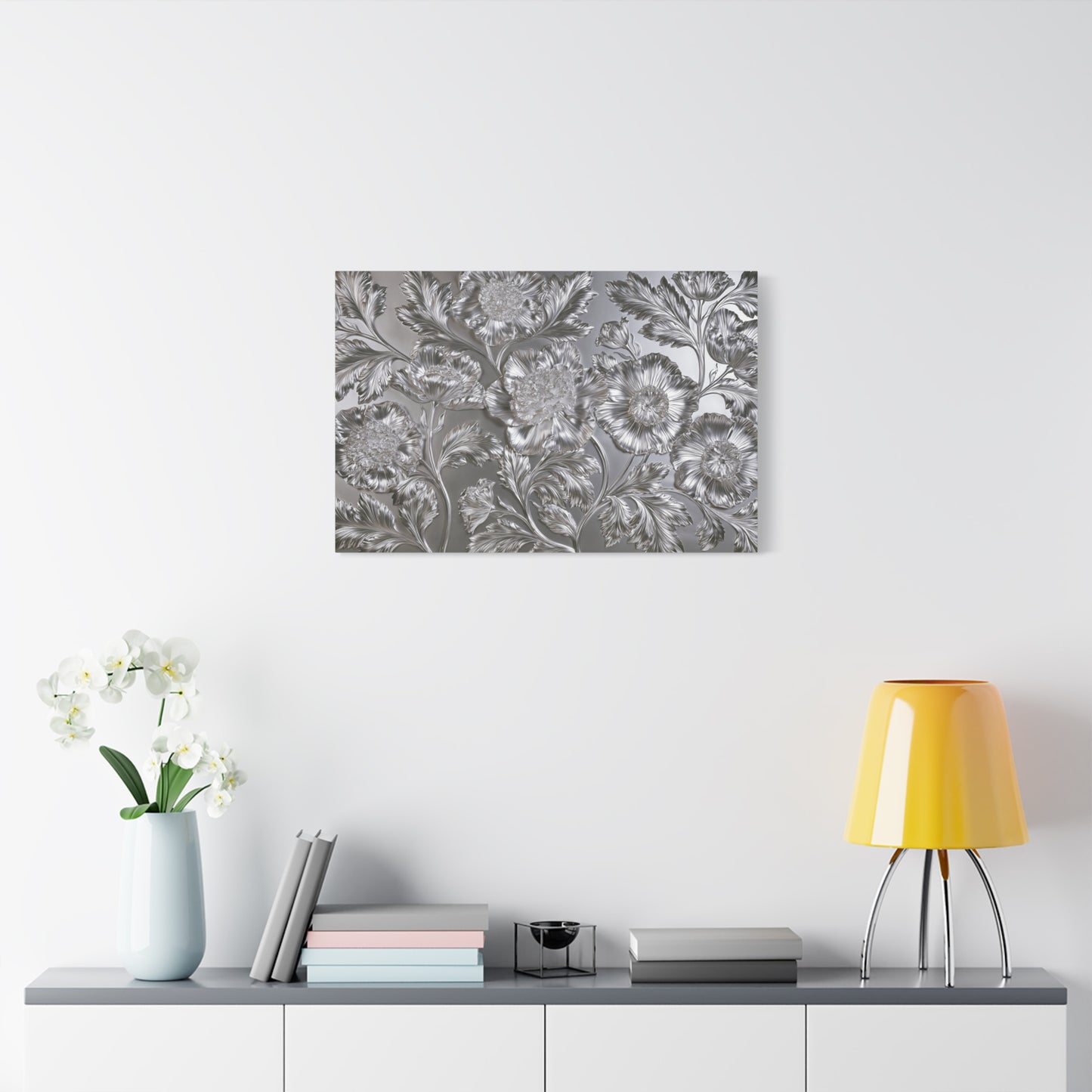 Metallic Silver Floral Art - Canvas