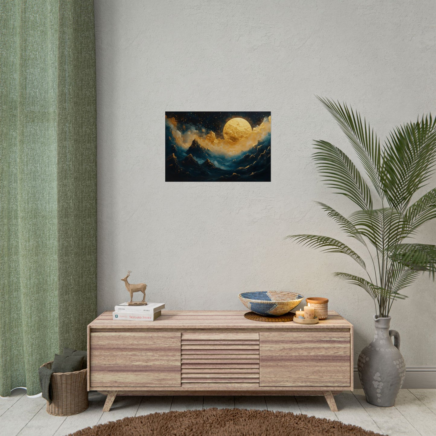 Gold Leaf Moonlit Mountain Landscape - Premium Art Print