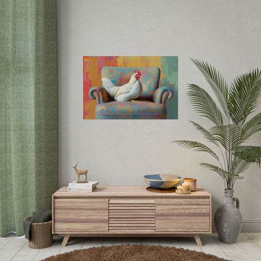 Vibrant Chicken Relaxing On An Elegant Armchair - Premium Art Print